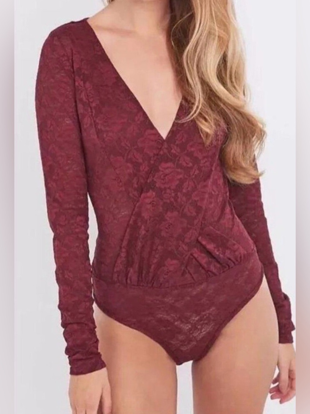 Free People - Intimately Sneaky Surplice Lace Fig Maroon Floral Bodysuit Small